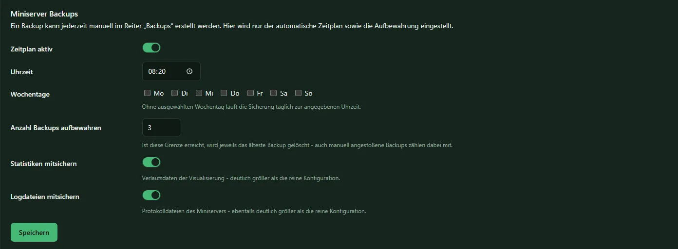 Abschnitt Miniserver Backups mit Zeitplan, Uhrzeit, Wochentagen, Aufbewahrung und den Schaltern für Statistiken und Logdateien