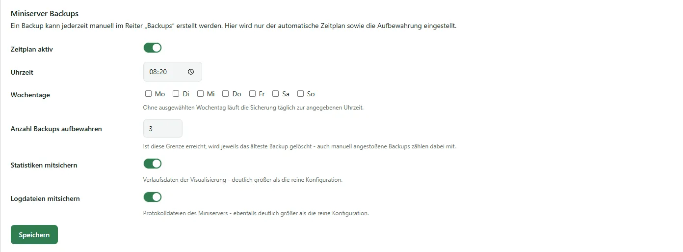 Abschnitt Miniserver Backups mit Zeitplan, Uhrzeit, Wochentagen, Aufbewahrung und den Schaltern für Statistiken und Logdateien