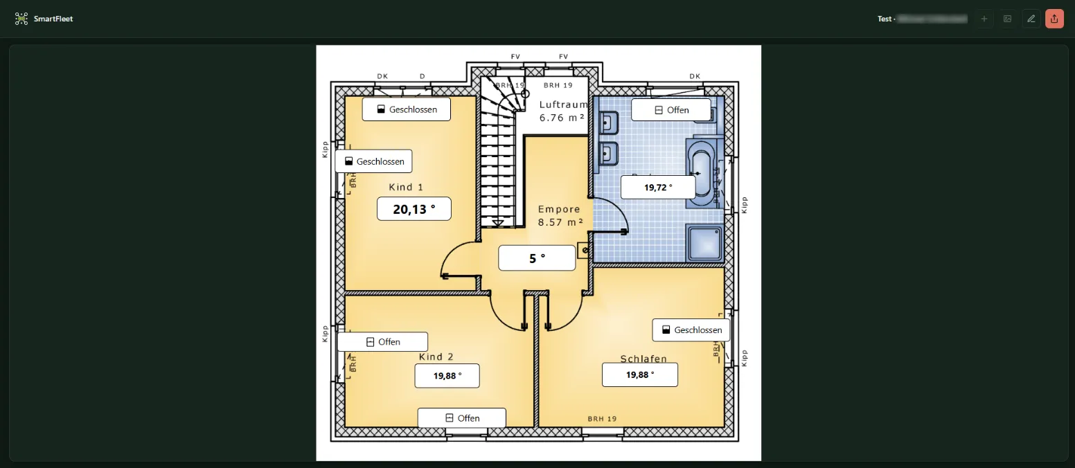 Geöffnetes Systemschema: Grundriss eines Obergeschosses mit Raumtemperaturen und dem Zustand der Fenster