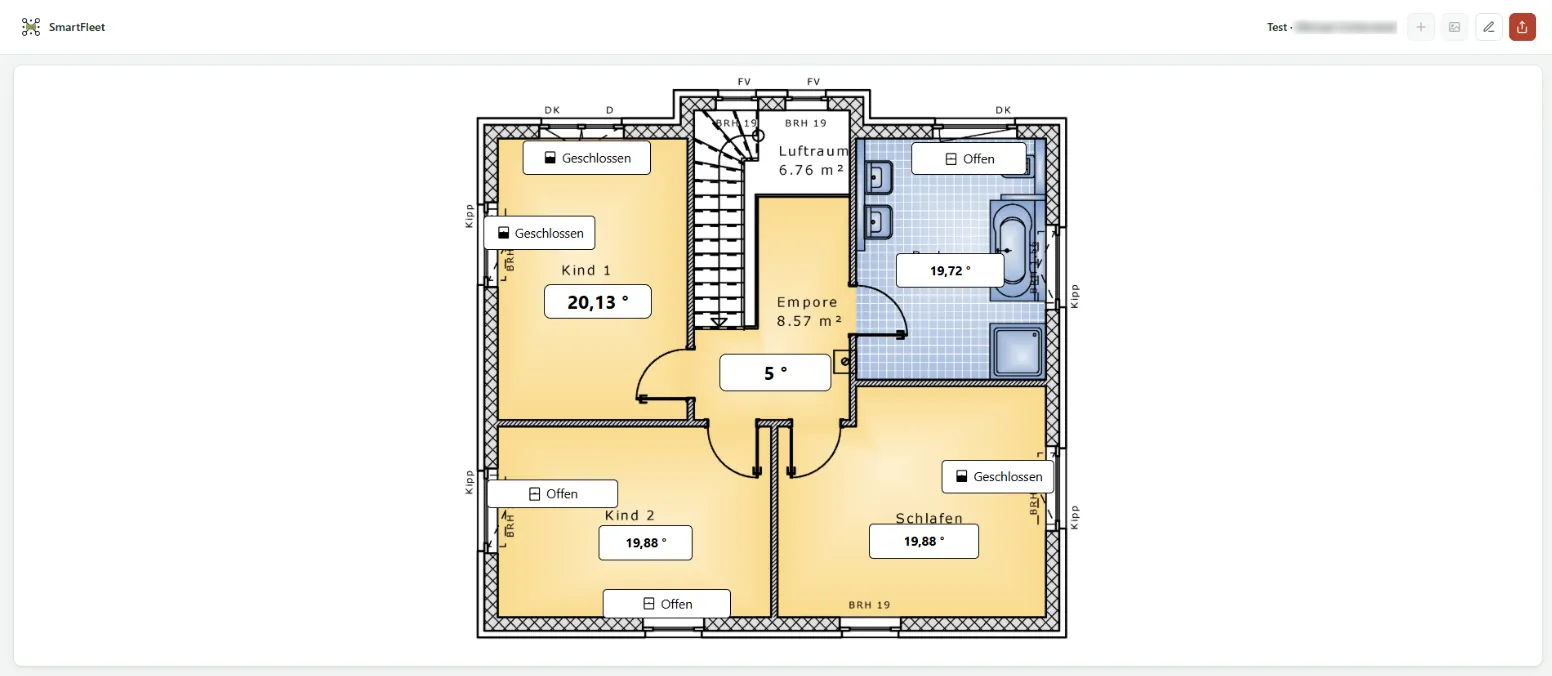 Geöffnetes Systemschema: Grundriss eines Obergeschosses mit Raumtemperaturen und dem Zustand der Fenster