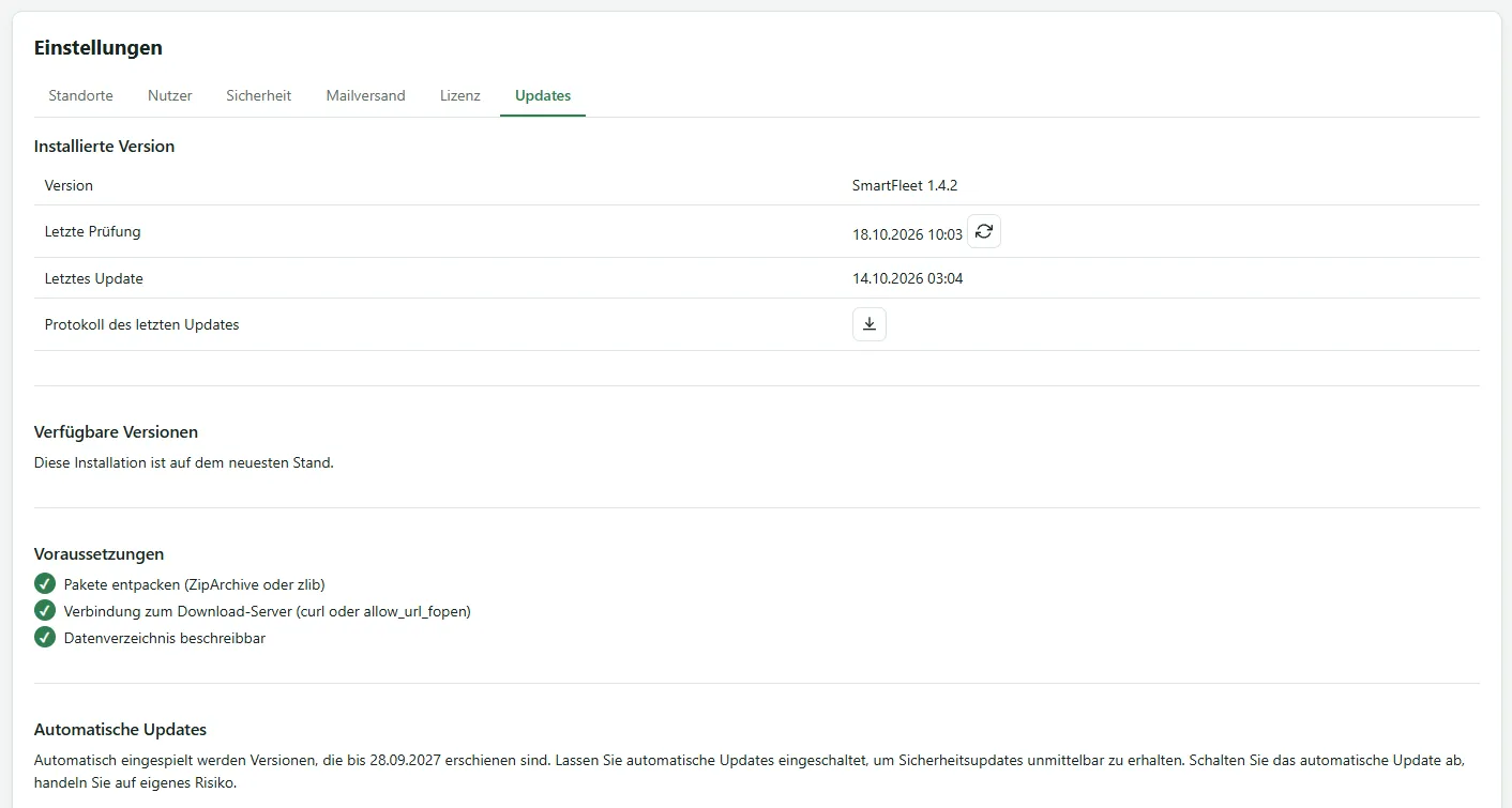 Reiter Updates mit installierter Version, verfügbaren Versionen, Voraussetzungen und automatischen Updates