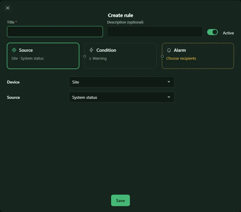 Create rule popup with title, description, Active switch and the three areas Source, Condition and Alarm
