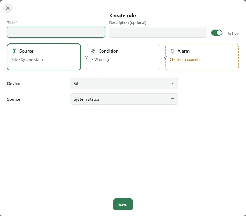 Create rule popup with title, description, Active switch and the three areas Source, Condition and Alarm