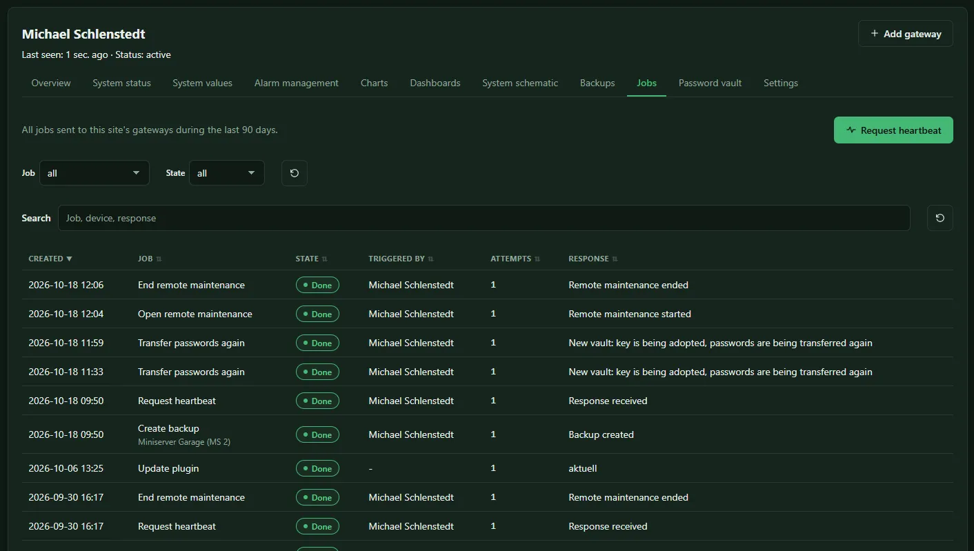 Jobs tab with the button to request a sign of life and the list of jobs