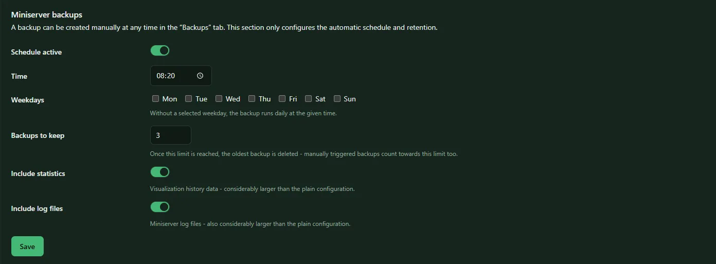 Miniserver backups section with schedule, time, weekdays, retention and the switches for statistics and log files