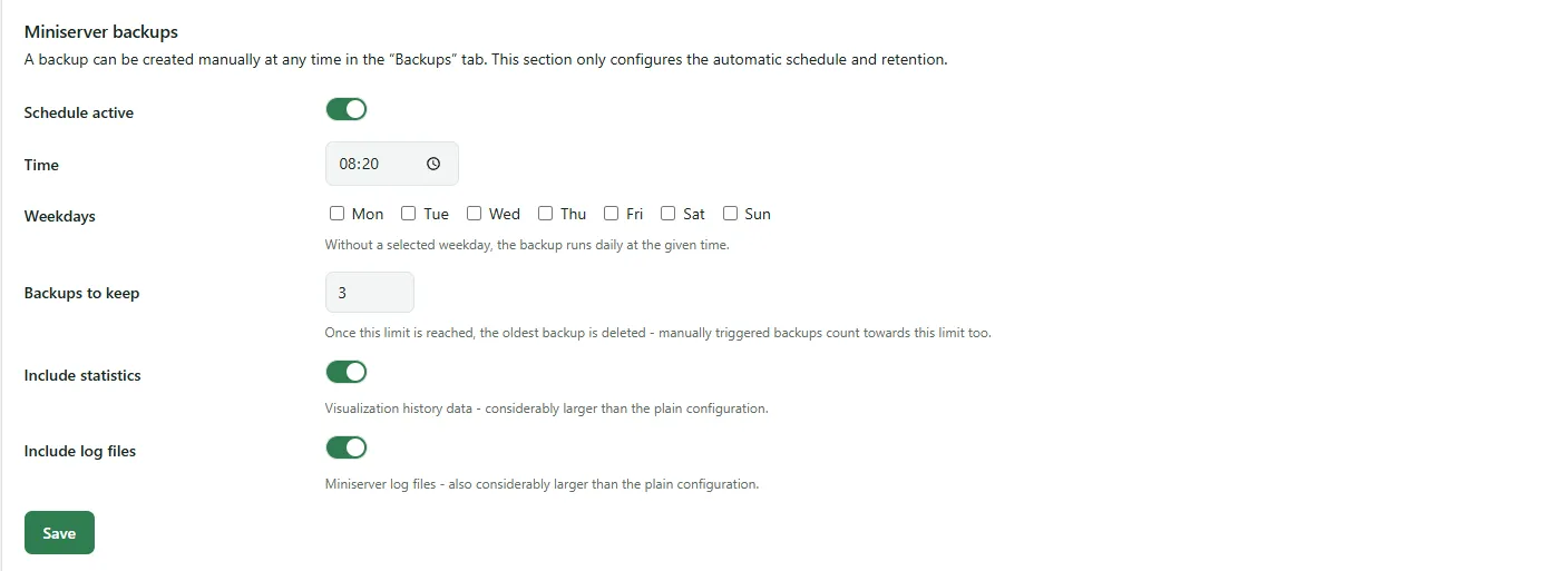 Miniserver backups section with schedule, time, weekdays, retention and the switches for statistics and log files