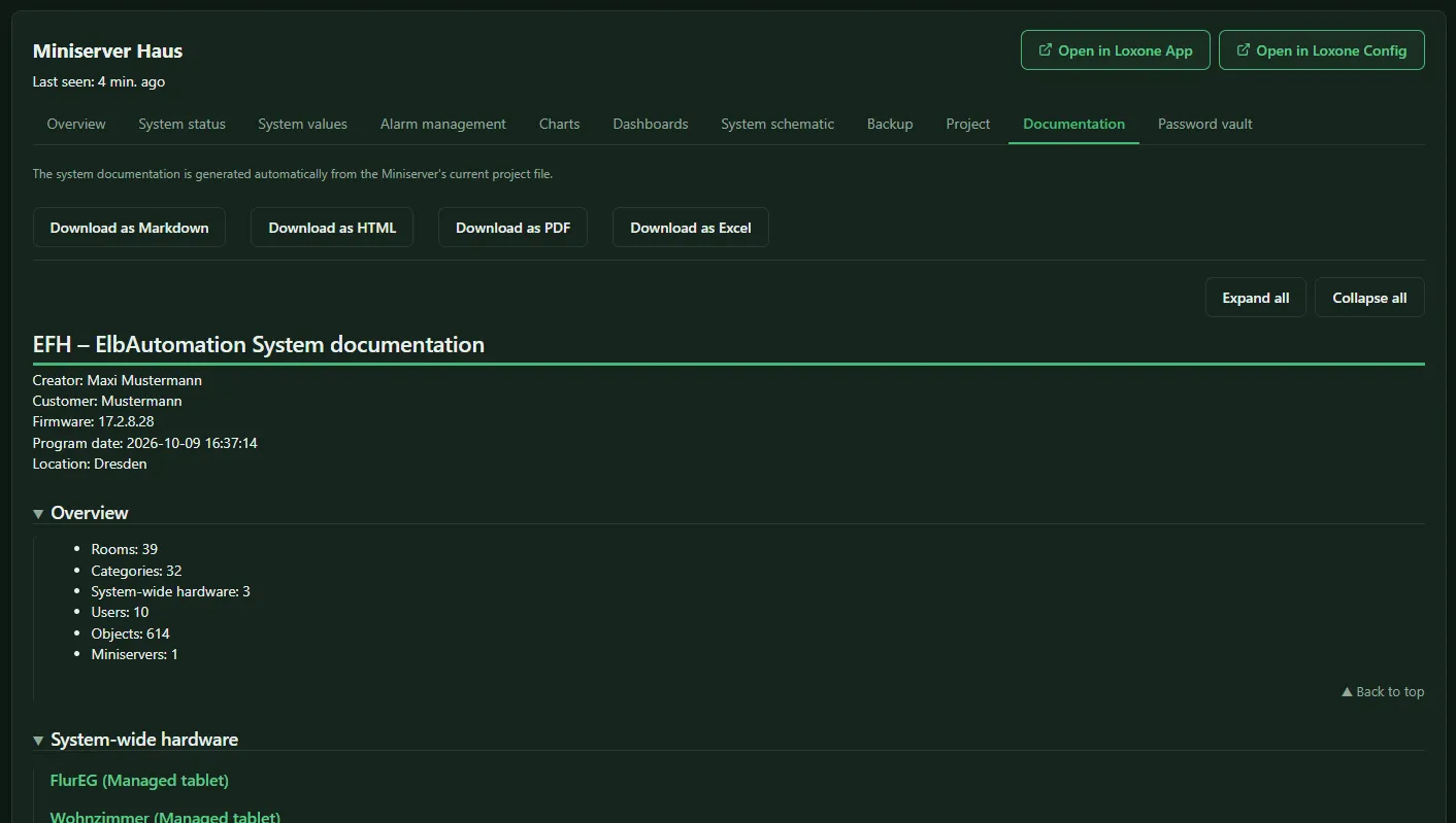 Documentation tab with the download buttons, the header of the system documentation and the overview