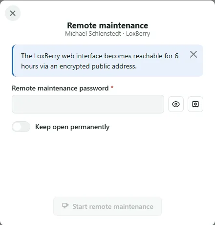 Remote maintenance popup with a field for the remote maintenance password, buttons to show it and to take it from the vault, and the Keep open permanently switch