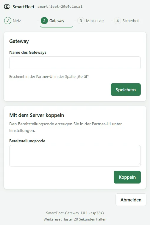 Gateway step with the gateway name, the field for the provisioning code and the Pair button