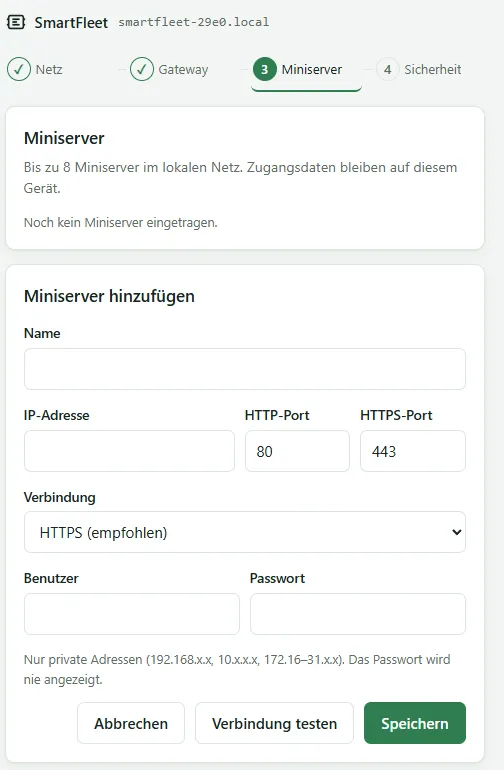 Miniservers step with address, user, password and HTTPS