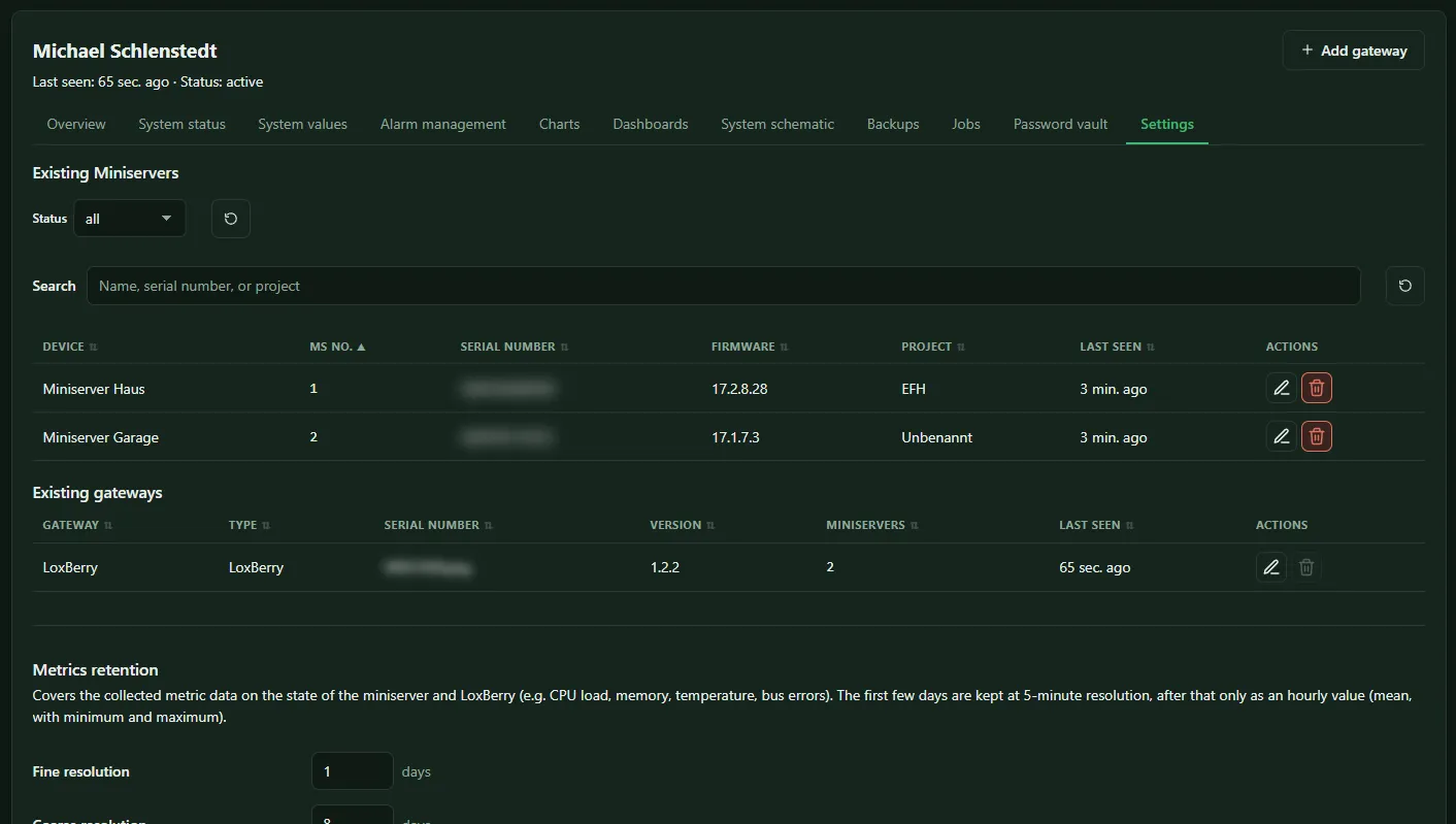 Settings tab with the lists of Miniservers and gateways and the retention of measurements