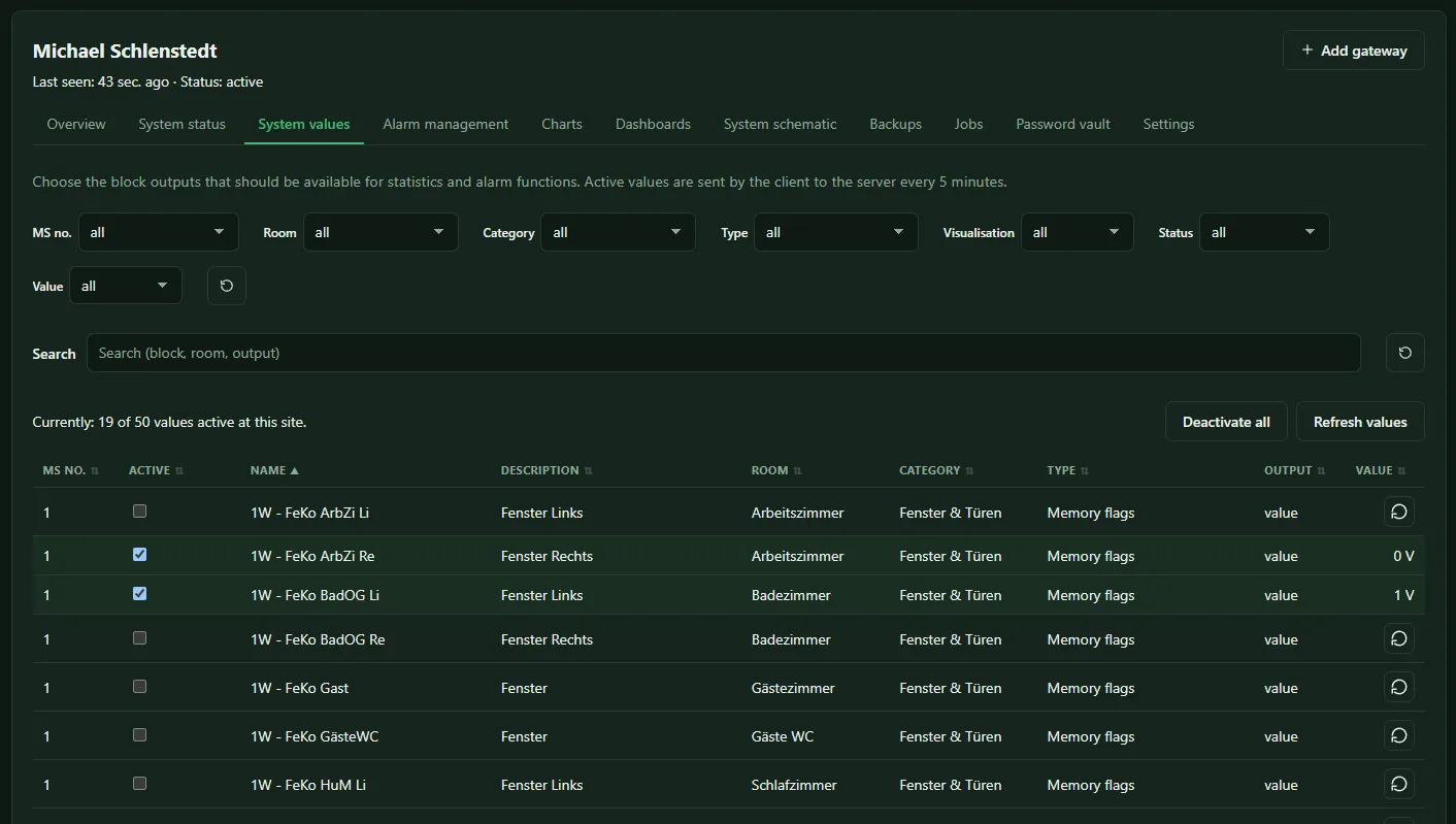 System values tab with filters, counter of activated values and the list of block outputs