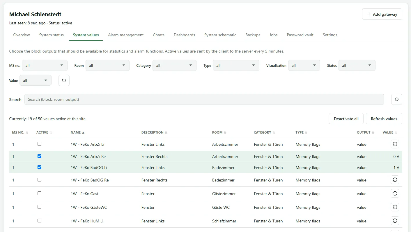 System values tab with filters, counter of activated values and the list of block outputs