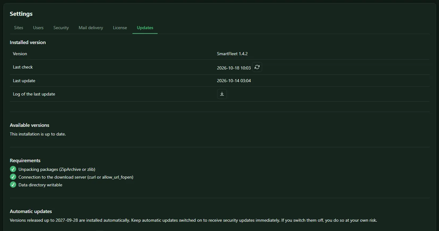 Updates tab with installed version, available versions, requirements and automatic updates