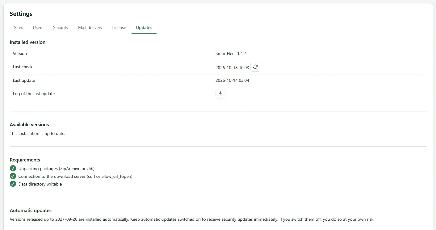 Updates tab with installed version, available versions, requirements and automatic updates