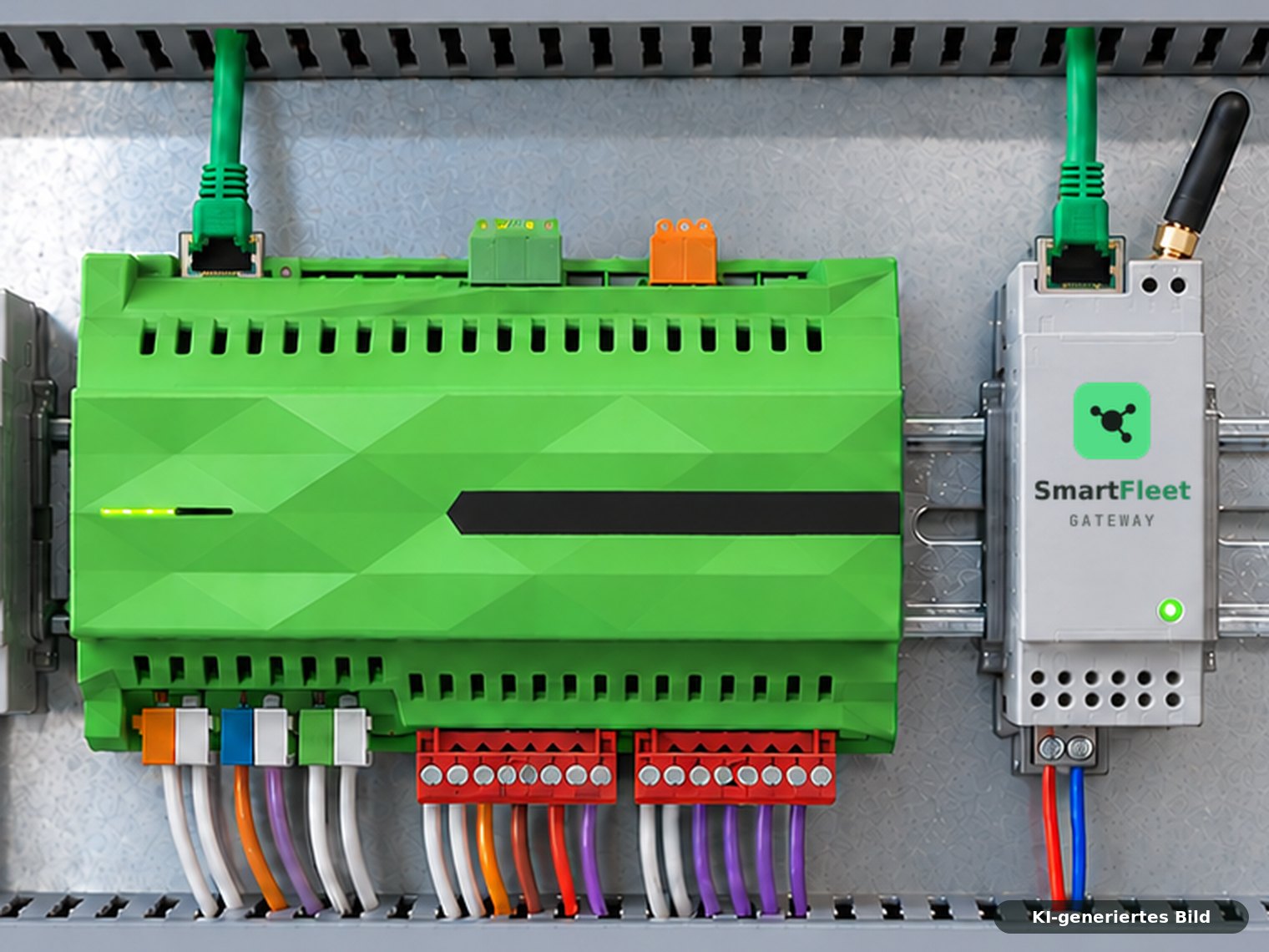 SmartFleet Gateway neben einem Miniserver auf der Hutschiene (KI-generiertes Bild)
