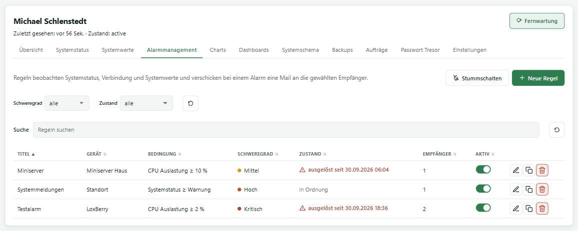Alarmmanagement mit den Regeln eines Standorts