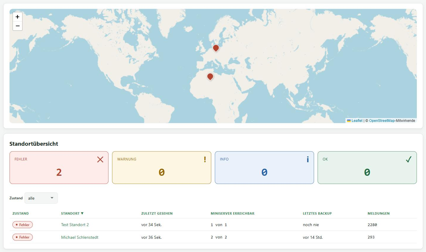 Site overview with map, counters per status and the list of sites
