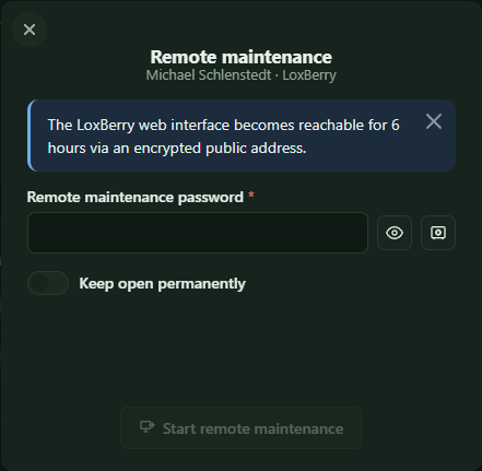 Remote maintenance popup with a field for the remote maintenance password