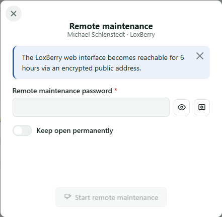 Remote maintenance popup with a field for the remote maintenance password